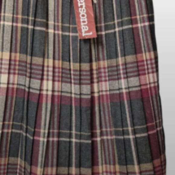 Persona Women's Pleated A-Line Wool Blend Skirt Maroon Charcoal Plaid Size 14 - Picture 2 of 13